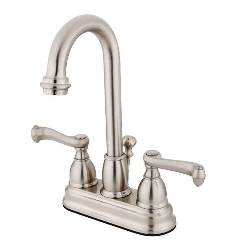 Kingston Brass Royale Two-Handle 3-Hole Deck Mount 4" Centerset Bathroom Faucet with Plastic Pop-Up, Brushed Nickel