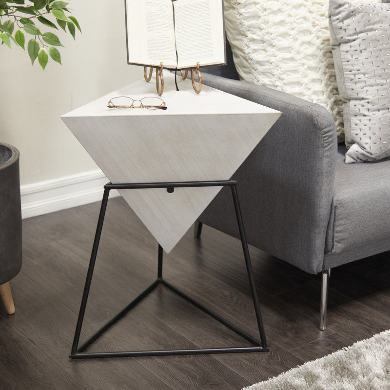 Irenej Wood Inverted Pyramid Geometric Side End Accent Table with Metal Stand, Black, Black