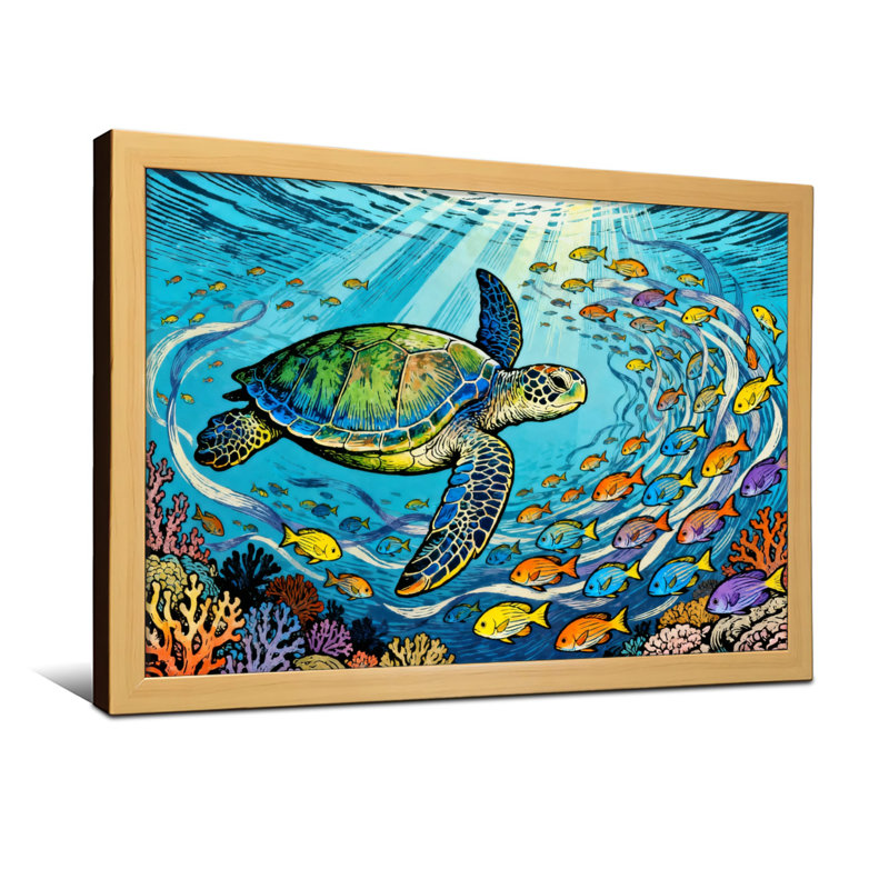 Tortue de mer colorée avec des animaux, H 16 po x l 24 po, Toile tendue, Ne s’applique pas