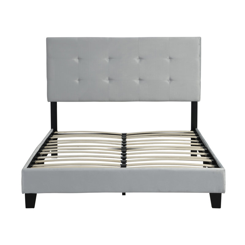 Grand lit tapissier en velours avec tête de lit, support de lattes en bois massif, sommier à matelas, facile à assembler, ensemble moderne stable à finition grise, aucun sommier requis