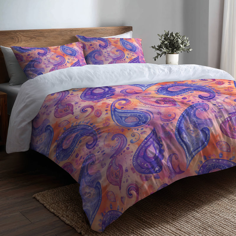 Ensemble de literie moderne 3 pièces - Ensemble de housse de couette et coussin décoratif rose à motif cachemire rose