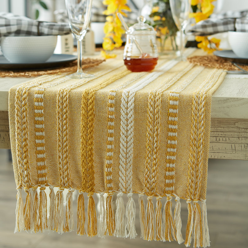 Leore Striped 100% Cotton Table Runner, 108" x 15", Gold