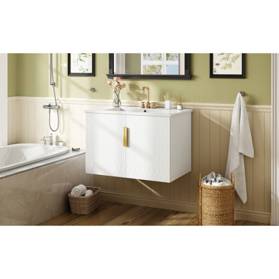 Meuble-lavabo vintage de 30 po, lavabo en céramique blanche, 3 trous, 2 portes à fermeture douce, tablette réglable, meuble-lavabo mural facile à nettoyer avec esthétique moderne, rangement, finition égratignure, corrosion