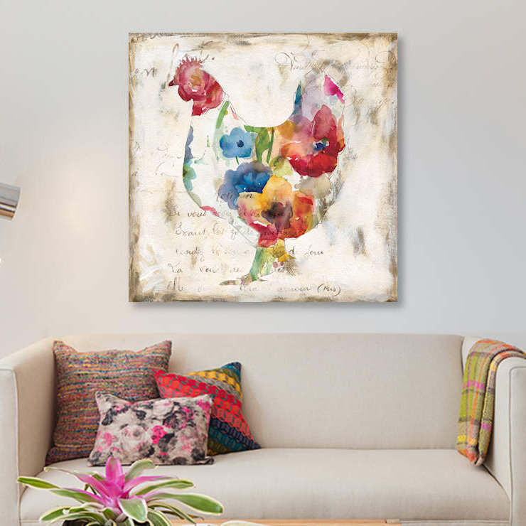 Reproduction de fleur de poule sur toile, H 12 po x l 12 po x P 0,75 po, Toile tendue, Pas de tapis