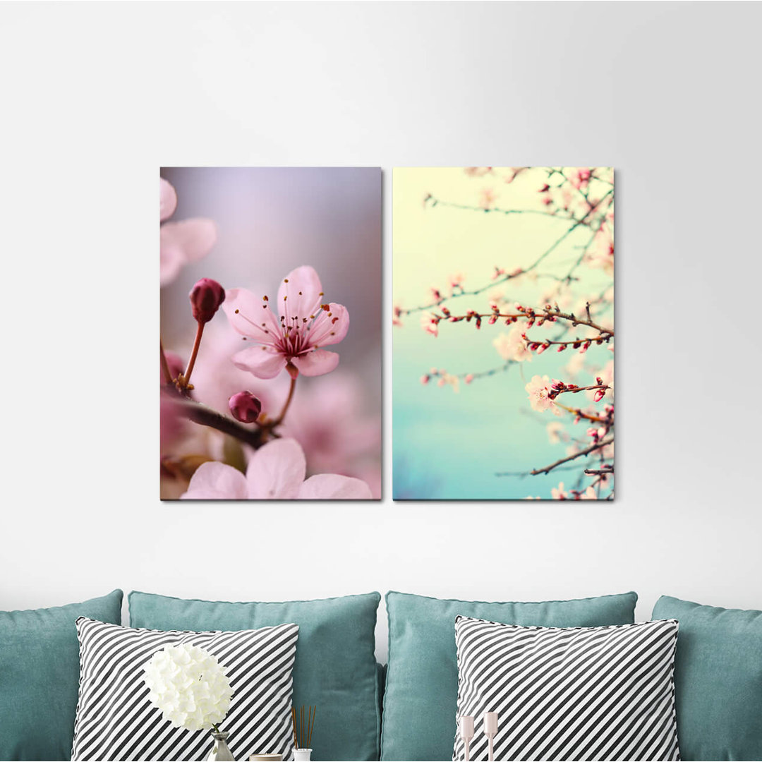 2-tlg. Leinwandbilder-Set - Grafikdruck „Dahlia Flowers Red Pink Water Drops Summer”