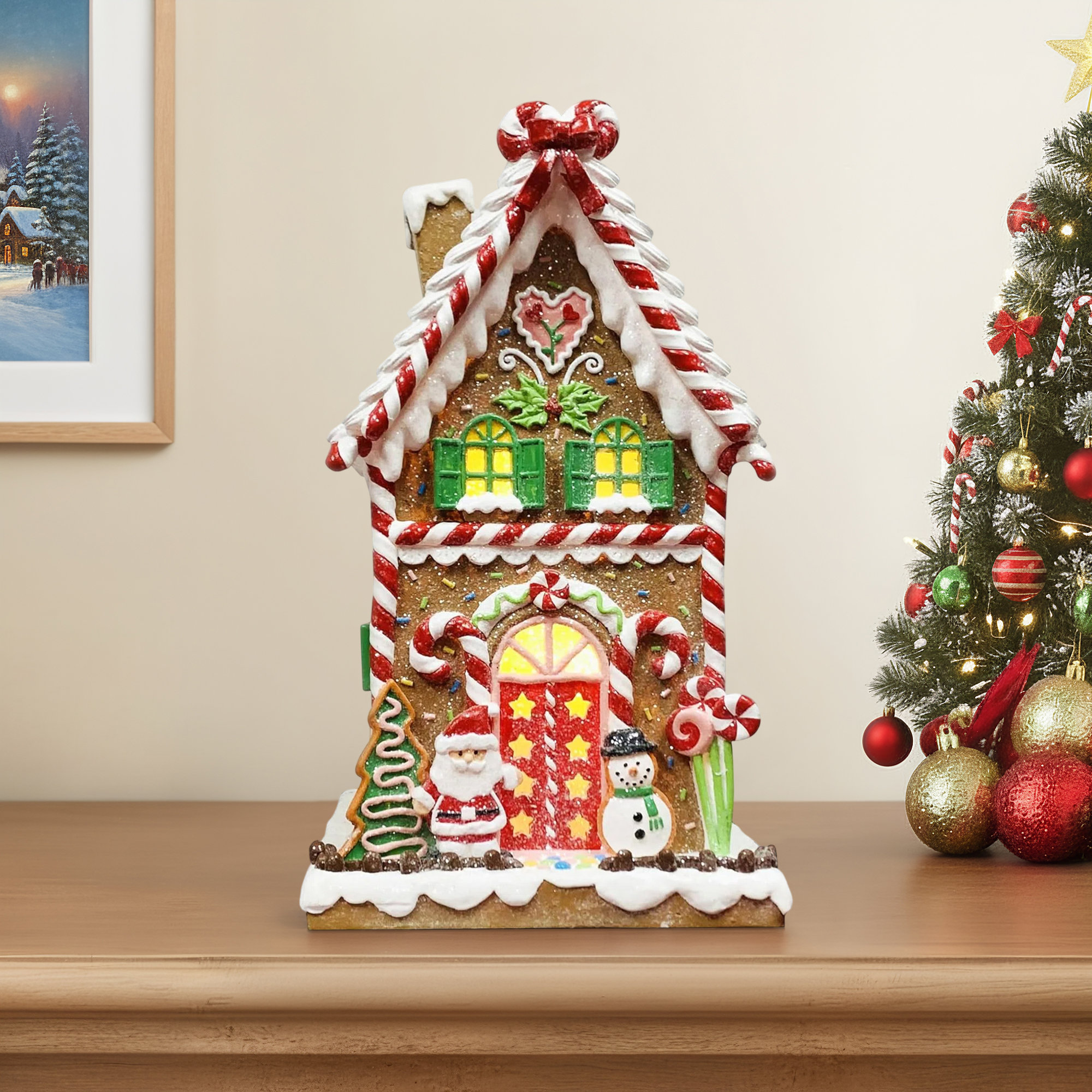 16.54”H Gingerbread Village House - LED Lights, 8 Carols Music, Battery - Hand-Painted Resin