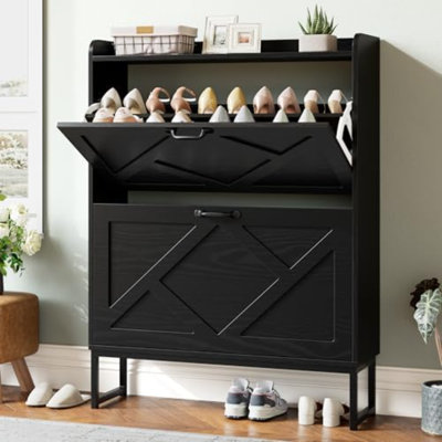 Armoire à chaussures avec 2 tiroirs rabattables, range-chaussures autoportant, armoire à chaussures avec pieds en métal, étagère à chaussures étroite, armoire à chaussures Farmhouse Slim pour vestibule, vestibule, couloir, noir