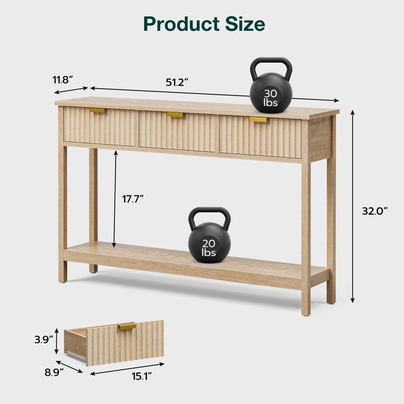 Natural Oak Console Table with Fluted Drawers and Shelf