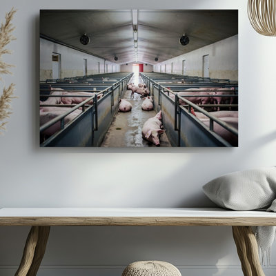 Canvas Inside A Vast Industrial Pig Farming Facility Rows Of Metal Wall Art Pens Densely House Various Pigs Predominantly White And Canvas Wall Art