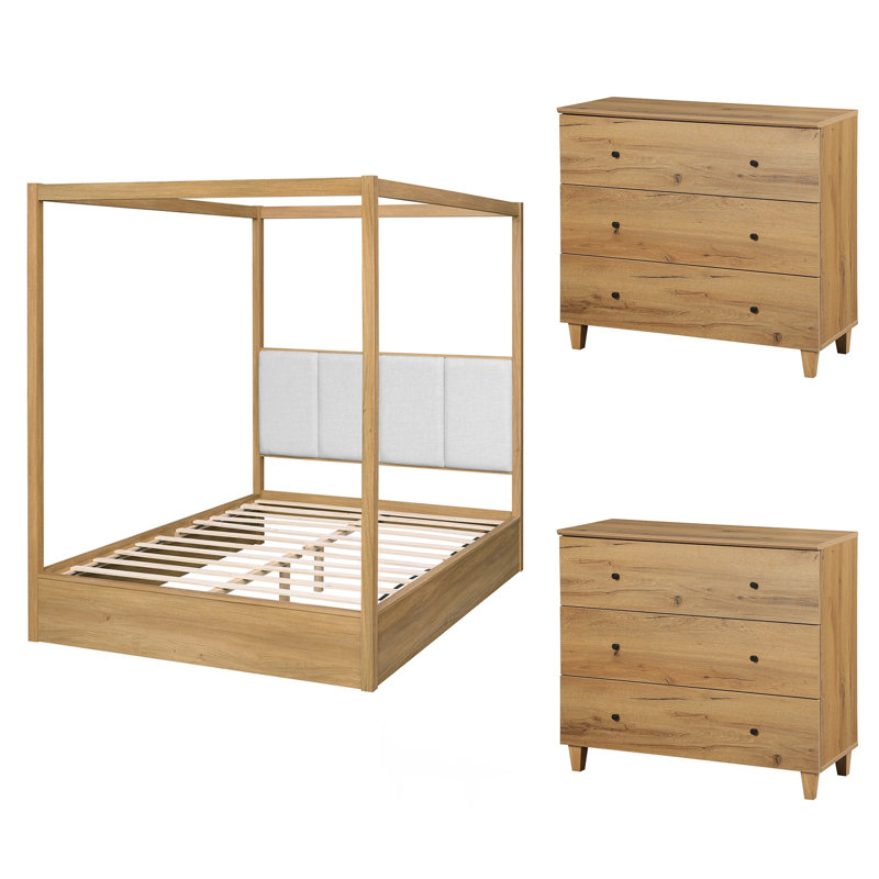 3 Pieces Bedroom Furniture Set, Queen Size Solid Wood Canopy Bed And 2 Large Nightstands With Drawers, 3 Pcs: Bed, 2 Dressers