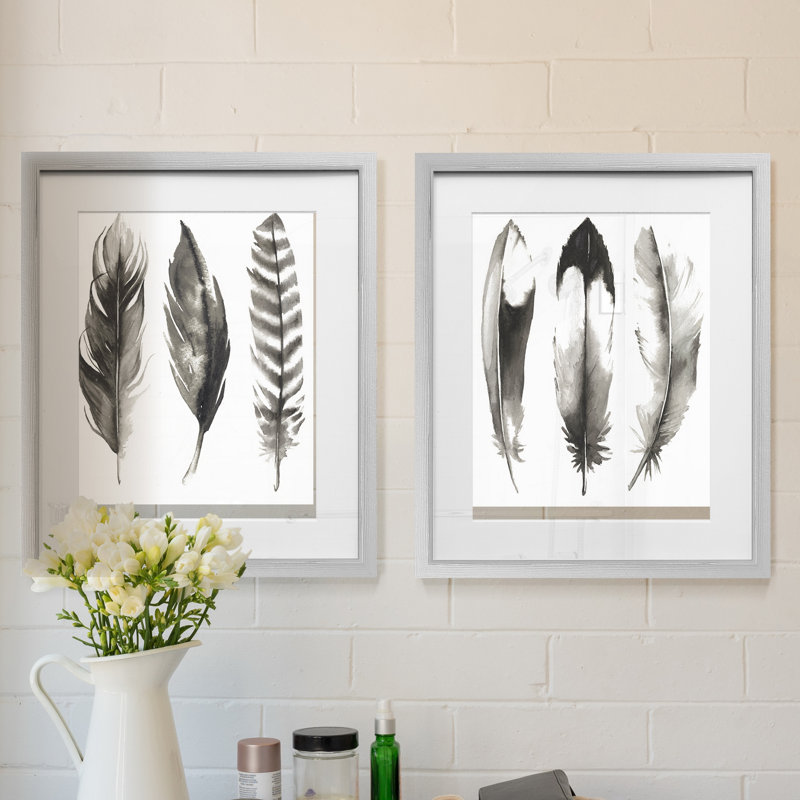Watercolor Feathers I - Natural History Print, Matted and Framed Under Acrylic Glass, Set of 2, Study and Living Room Wall Art
