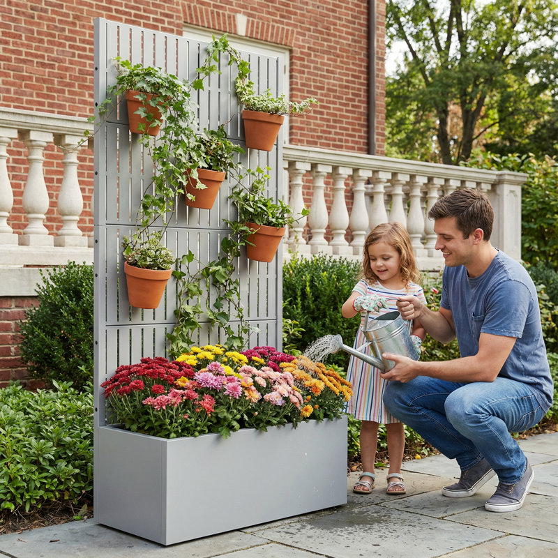 Boîte à fleurs en métal avec treillis sans roues, Gris