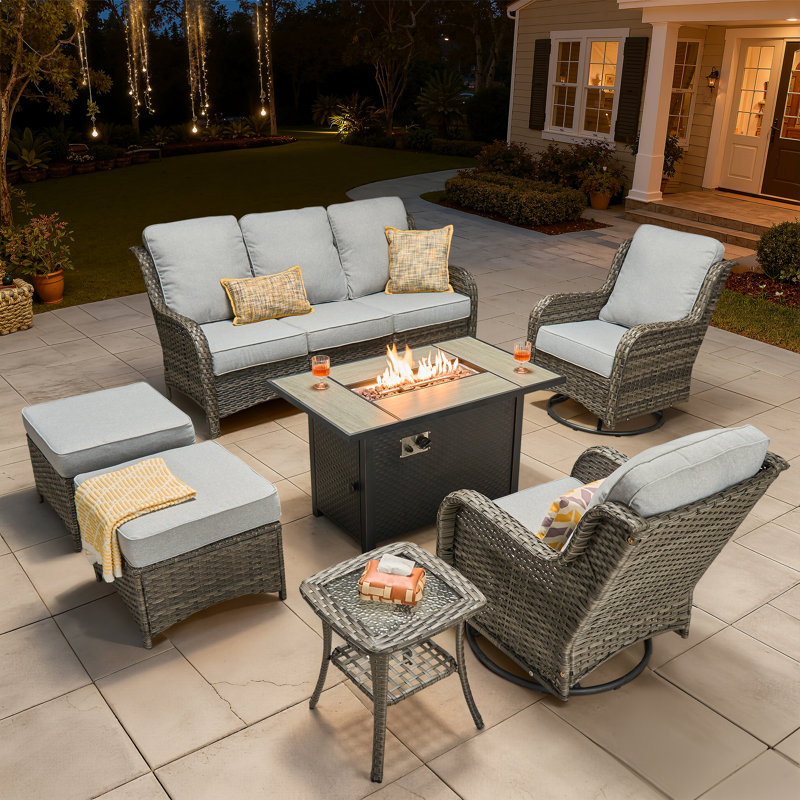 5 - Person Wicker Outdoor Conversation Set, Patio Sofa & Swivel Chair Set with Fire Pit and Cushions, Gray Cushion/Gray Frame
