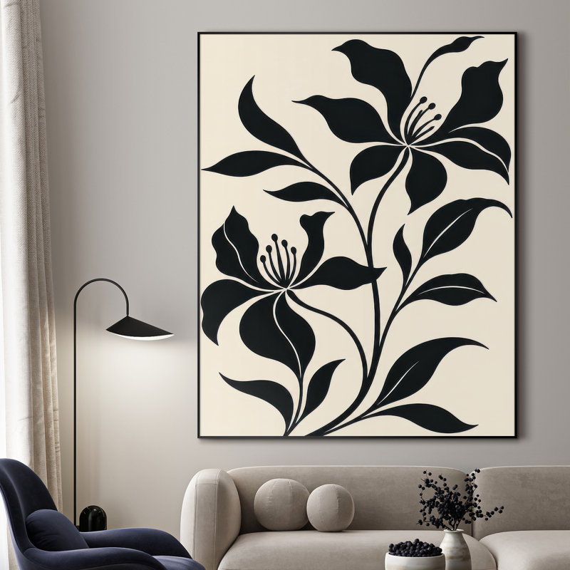 Très grand imprimé sur toile - Silhouette de fleur noire minimaliste sur fond crème pour le salon ou la chambre à coucher - «Assemblage requis du cadre (cadre non fini)»
