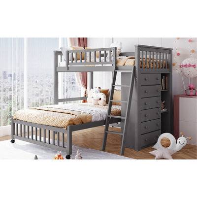 Lit superposé gris en bois gris avec six tiroirs, des tablettes modifiables et un lit simple double avec tiroir réglable