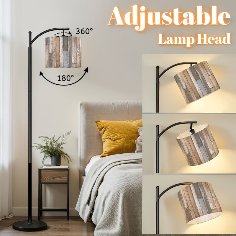 Arc Floor Lamp with Adjustable Lampshade Rustic Wood Plank Weathered Brown Gray White Tones Standing Lamp 3 Color Temperatures Dimmable Tall Pole Lamp with Foot Switch for Bedroom