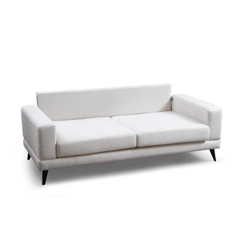 Luxueux canapé-lit 3 places, revêtement beige, 82,7 po x 35,4 po x 33,5 po | Structure en bois de hêtre et en bois aggloméré, tissu 100% polyester, mousse 28 pte, dossier pivotant, 2 coussins inclus | Parfait pour les salons modernes et les chambres d'amis
