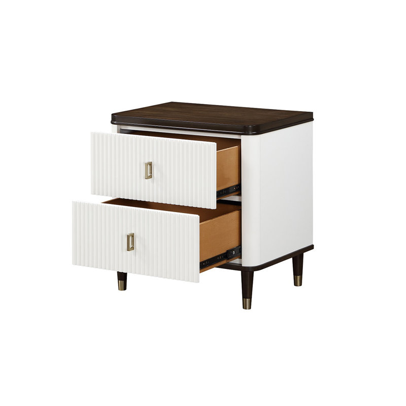 Table de chevet carrée moderne et glamour de 26 pouces, à deux tiroirs cannelés et à contraste blanc-brun, avec port USB
