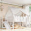 Lit mezzanine double pleine grandeur pour enfants avec glissade, escalier, tablettes de rangement, lumières DEL et garde-corps ronds, blanc-133665518-133665519