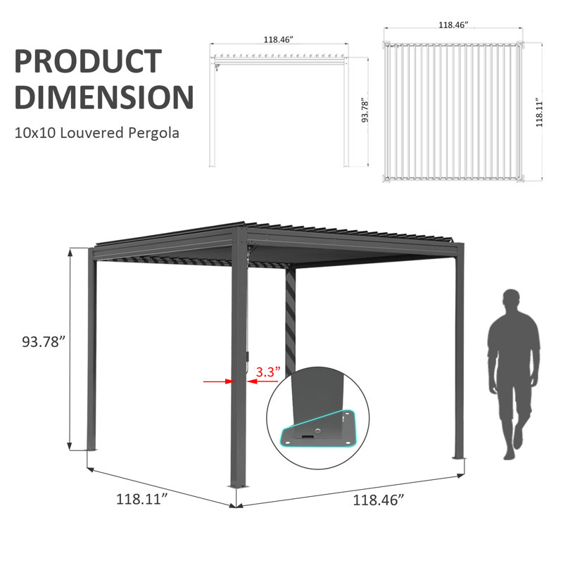 10 Ft. W x 10 Ft. D Aluminum Pergola, Gray