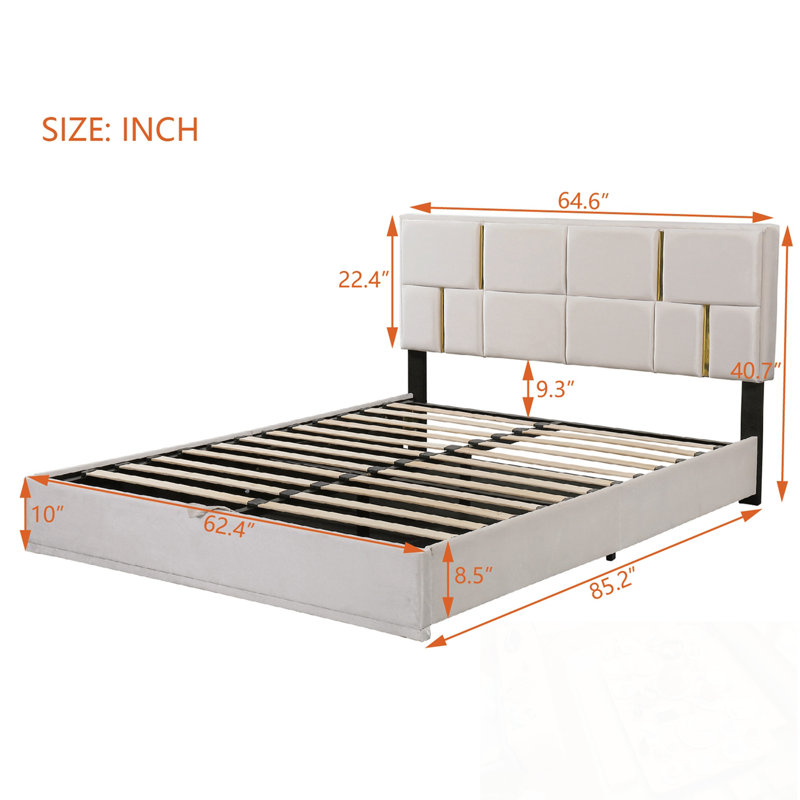 Grand lit plateforme tapissier avec système de rangement hydraulique, Beige