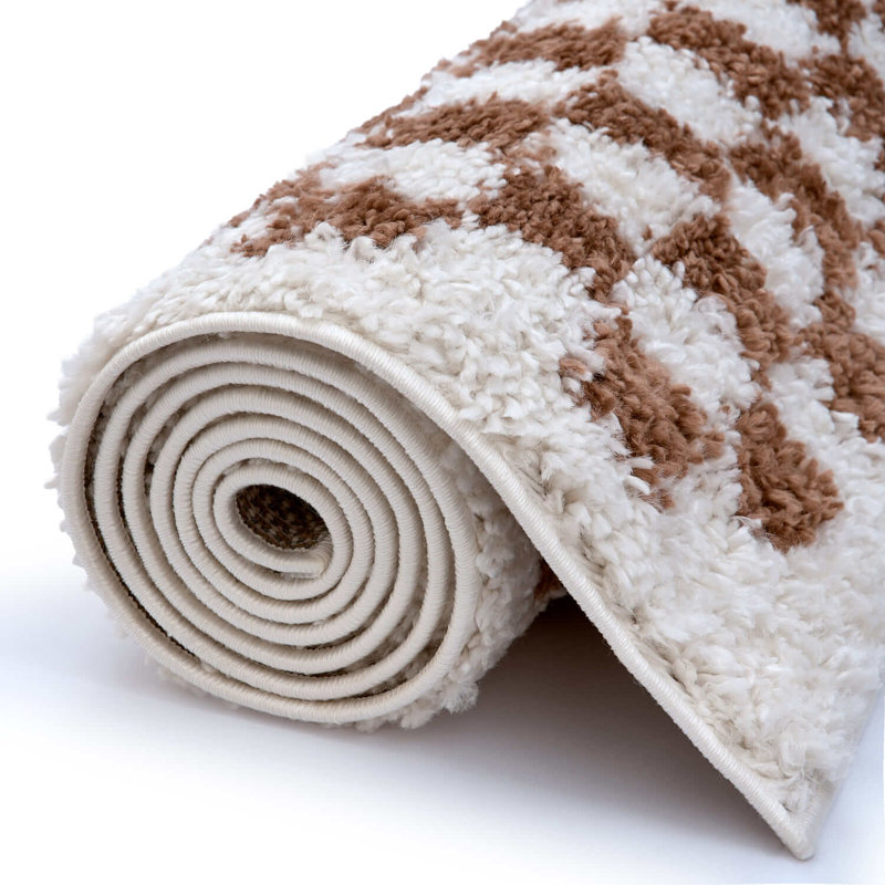 Moodi Modern Shaggy Area Rug Checkered Design, Rectangle 80 x 150 cm, Off-White/Terra
