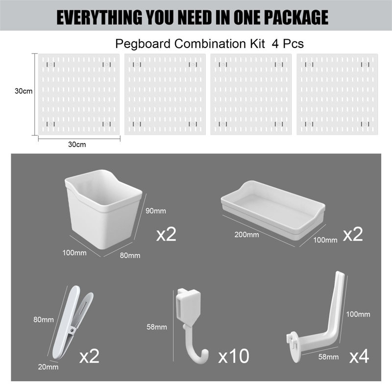 Wall Organiser Pegboard Combination Kit , White