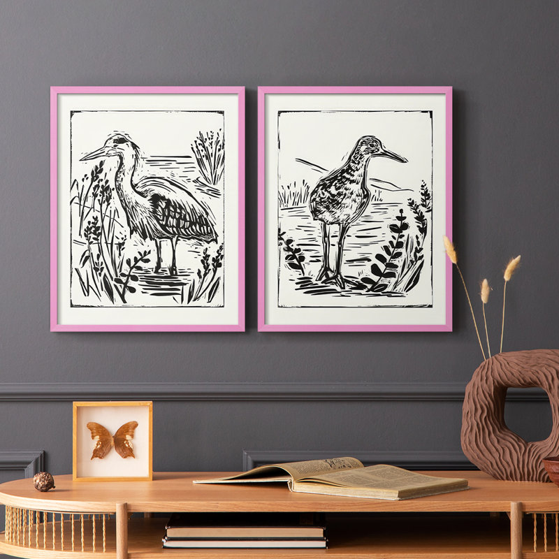 Linocut Style Seabird I-Premium Framed Print -Ready to Hang - No Nails Required - No Nails Required, Pink, 11" H x 18" W