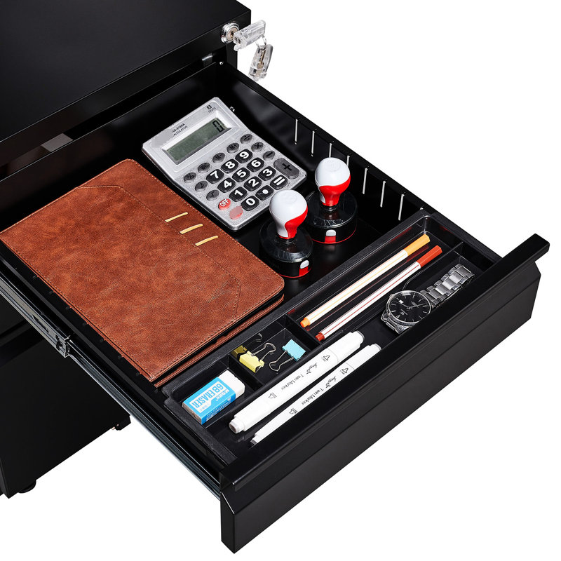 Modern 3 - Drawer Metal Filing Cabinet For Office Use, Black Color, Installation Required, 2 Keys Lockable Drawers, 1 Pencil Tray, Extra Large Storage In Third Drawer, Dumping Fifth Wheel, 4 Swivel