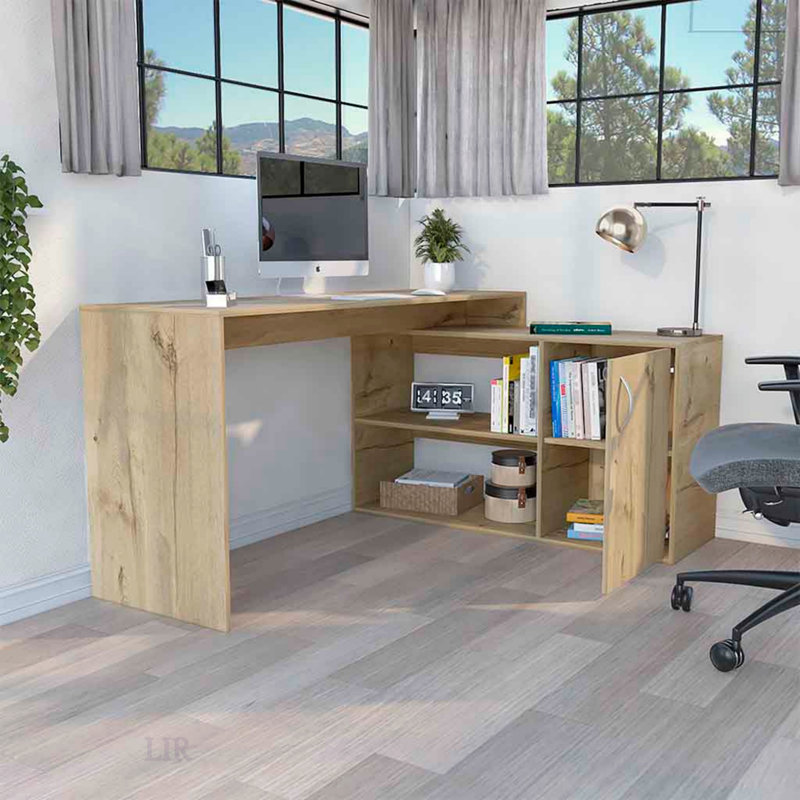 Bureau d'ordinateur moderne en L avec rangement ouvert et fermé, surface de travail spacieuse pour la maison ou le bureau