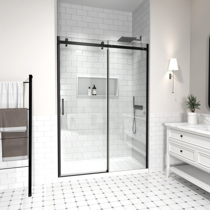 46-48" W x 74" H Frameless Sliding Shower Door, Glass Shower Door with 5/16" (8mm) Clear SGCC Tempered Glass, Matte Black Finish Shower Doors, Easy-Clean Coating
