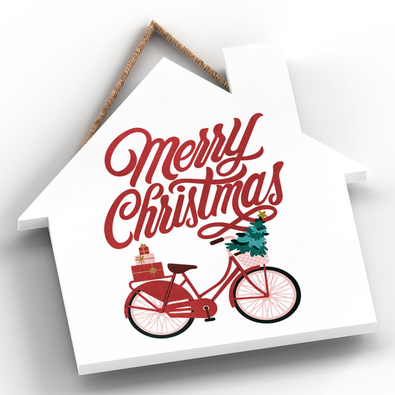 Xmas Merry Christmas Bicycle Wooden House Plaque, 9.9cm H x 9.9cm W x 0.5cm D