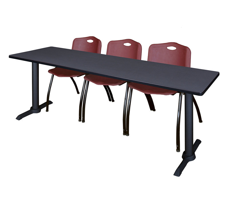 Cain T-Base Training Seminar Table & 3 M Stack Chairs, Grey, Burgundy