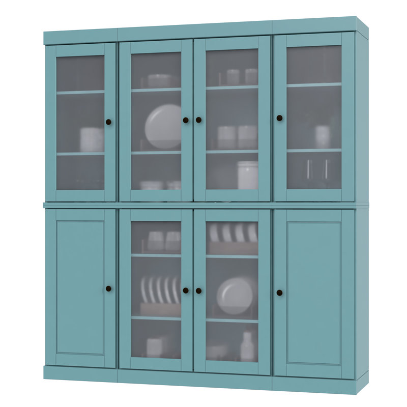 Vaisselier 100% bois massif 65 "avec verre givré, portes solides et tablettes réglables, Bleu aqua