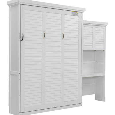 Queen Size White Space - Saving Bed, Louvered Style Storage, Pine Wood