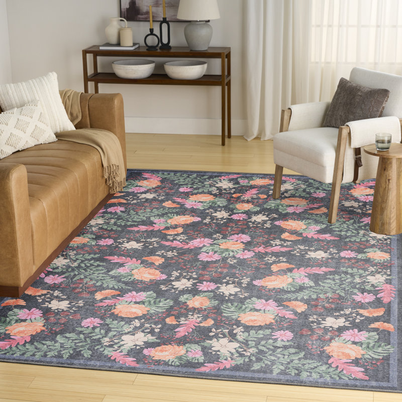 Nourison Botanical Washables 5' x 7' Charcoal Multicolor Farmhouse Indoor Rug, Multicolor Charcoal, Rectangle 5' x 7'