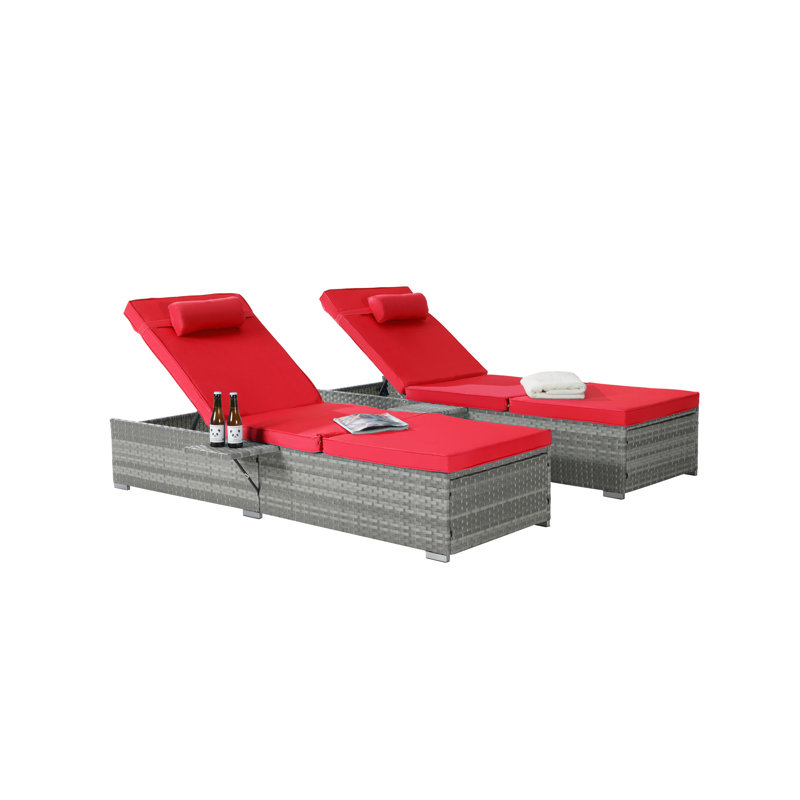 Outdoor Chaise Lounge Chair Set of 2 with Patio Pool Chairs Tanning Lounges for Outside,Beach Rattan Recliners with Adjustable Backrest, Table, Cushion for Poolside Backyard Garden