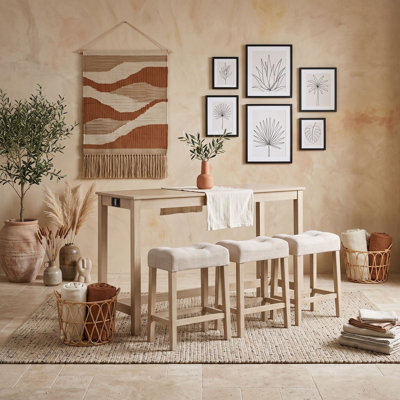 Ensemble de table de bar rectangulaire en bois avec 3 tabourets rembourrés et ports de chargement