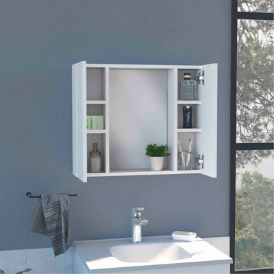 Medicine Cabinet, Double Door, Mirror, One External Shelf  -White