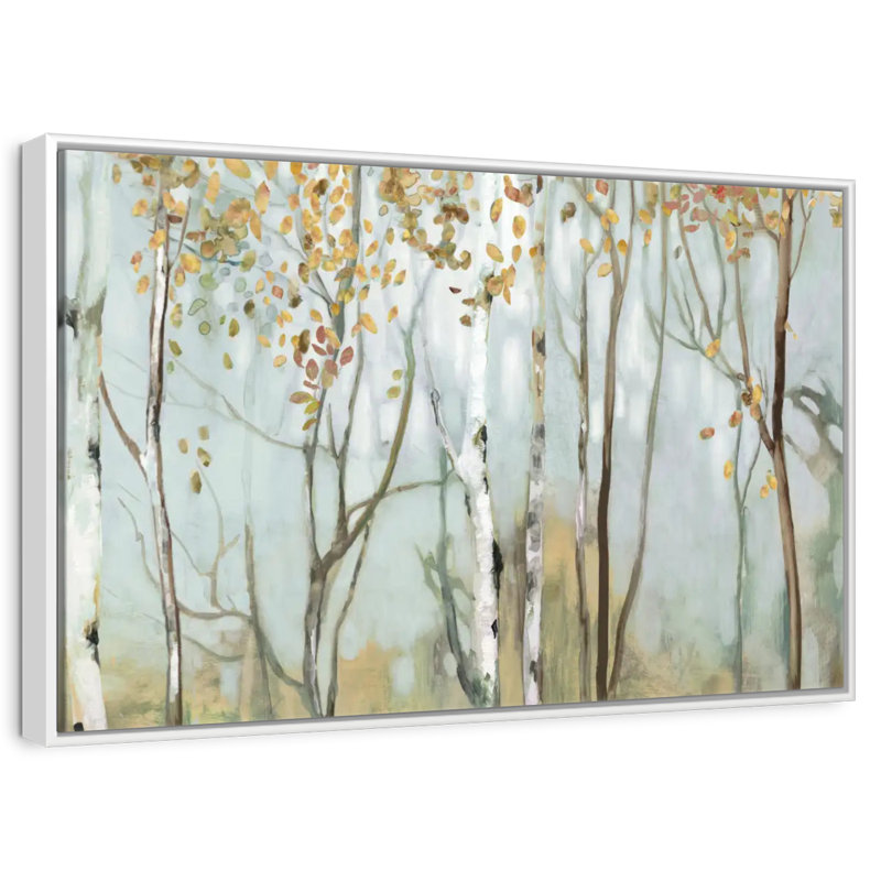 Bouleau dans le brouillard II, 46 po x 31 po, Cadre flottant blanc