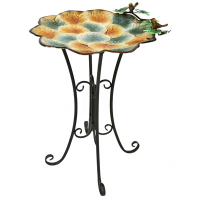 Colourful Painted Metal Bird Bath-Green/Yellow Flower