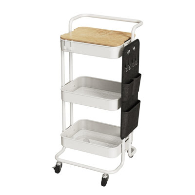 3-Tier Metal Rolling Utility Cart with Tabletop, Side Pockets, and 4 Hooks – Wheeled Organizer Cart