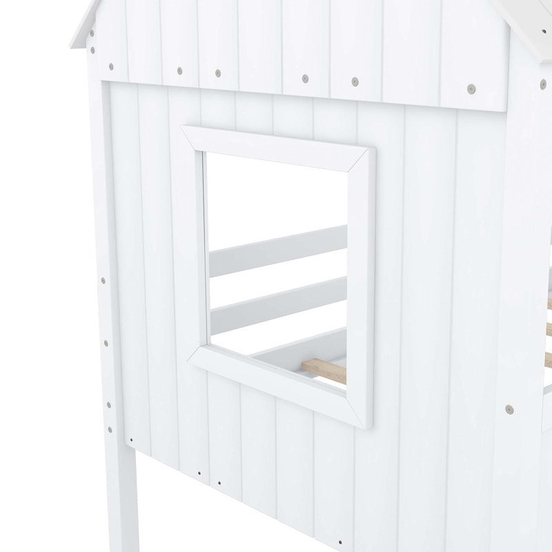 Lit mezzanine en bois avec 2 fenêtres latérales, Blanc