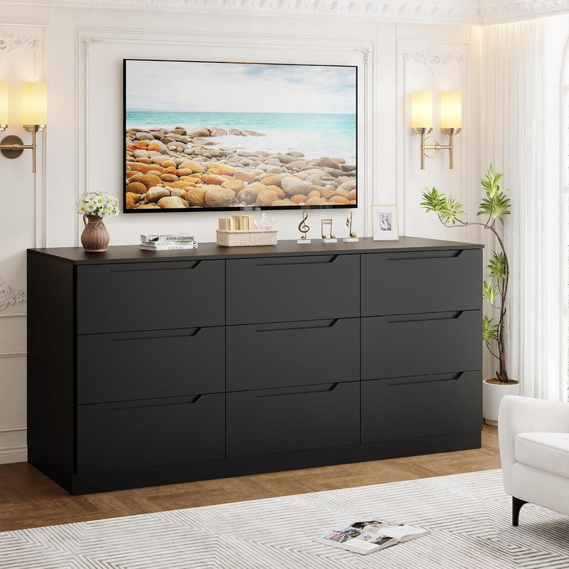9 Drawer  Dresser, Modern Storage Cabinet for Bedroom, Chest of Drawers Wood Organizer for Living Room, Black