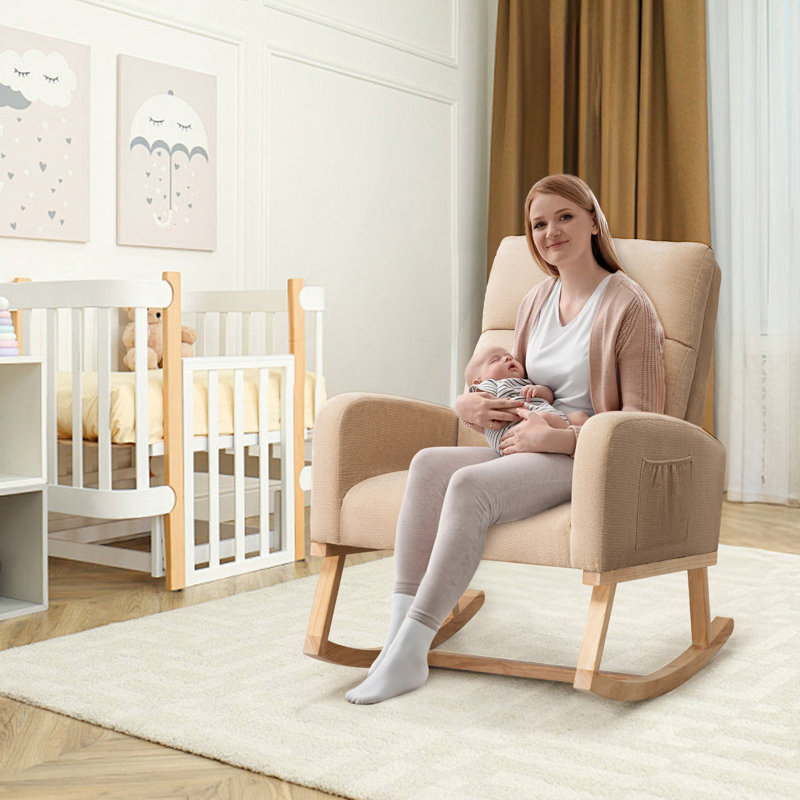 Wasilewski  Rocking Chair For Living Room with Solid Wood Leg, Khaki Linen Bleed