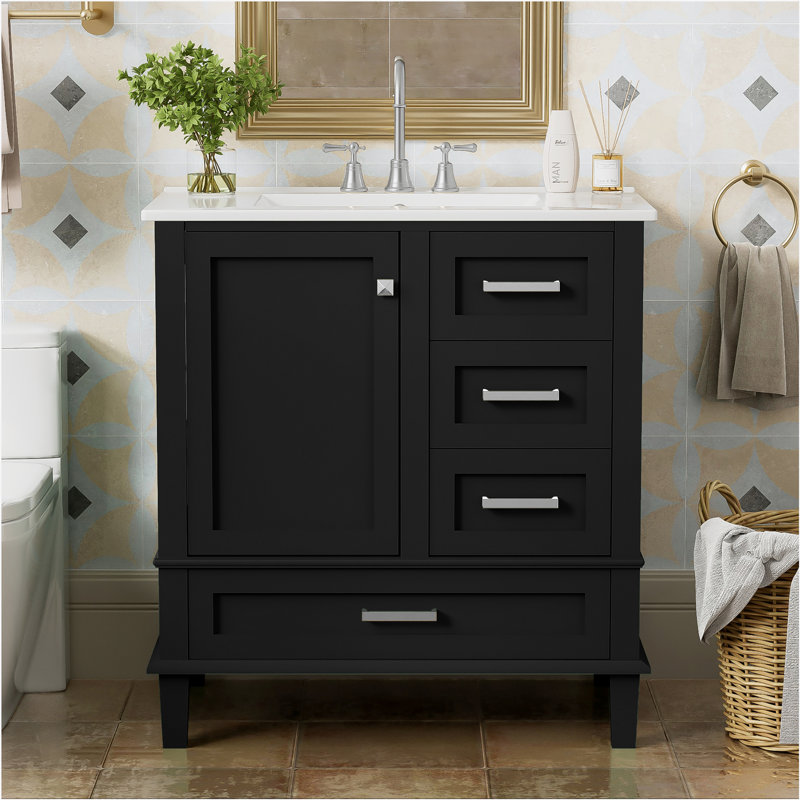 Ensemble de meuble-lavabo moderne avec lavabo 30 po, meuble-lavabo moderne avec porte à fermeture douce et 3 tiroirs, structure en bois massif (noir)