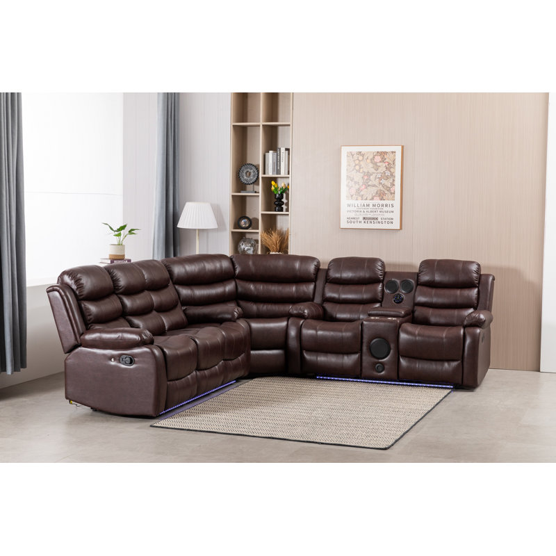 Riyani USB Faux Leather Sectional With LED Lights & Sound Woofer System , Brown Faux Leather