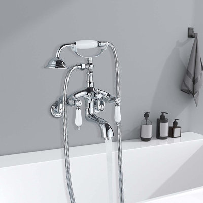 Chrome Wall-Mounted Clawfoot Tub Faucet with Handheld Shower & Porcelain Lever Handles, Vintage Exposed Mount Bath Mixer Tap