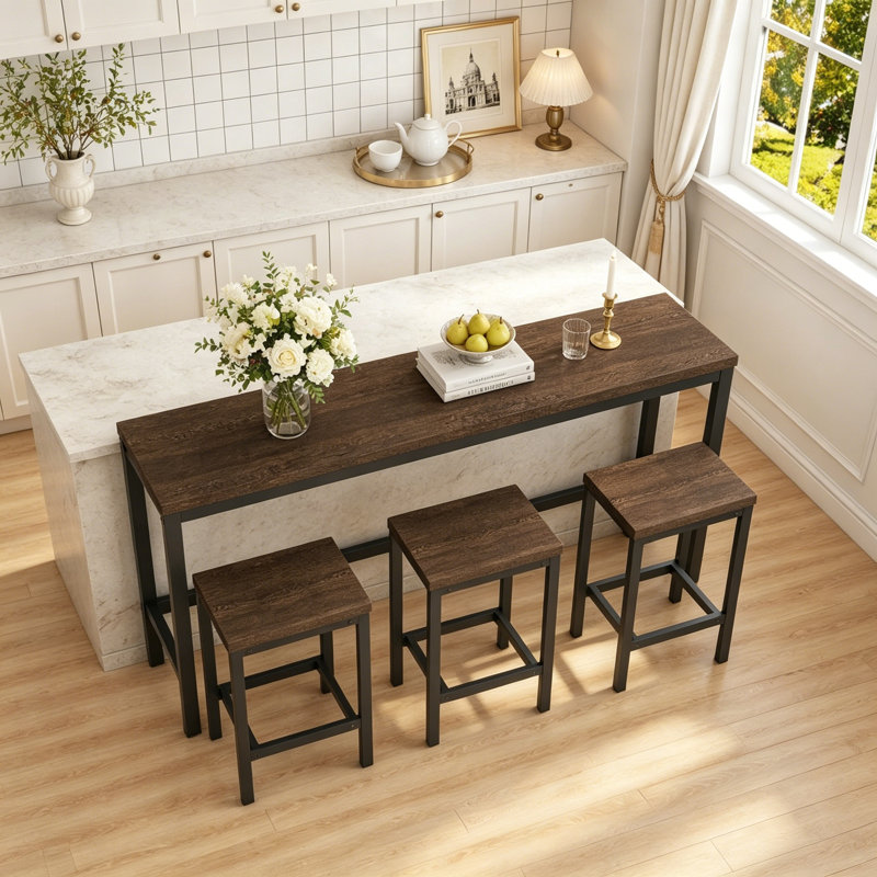 Ensemble de table de salle à manger longue avec 3 tabourets, Dark Brown