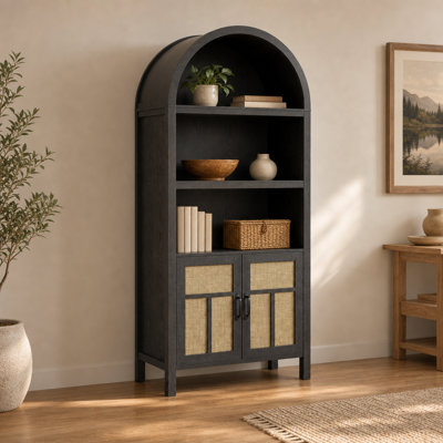 70.22'' Arched Storage Cabinet with Rattan Doors and Adjustable Shelves for Kitchen, Hallway, Dining Room, Living Room, Office, Black